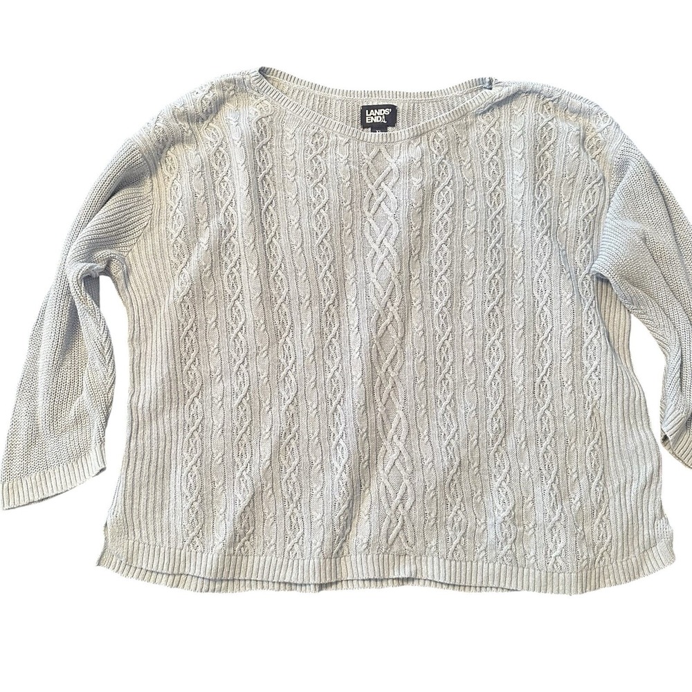 Lands' End Women's XL Cable Knit Sweater Light BLUE 3/4 Sleeve Pullover Layering